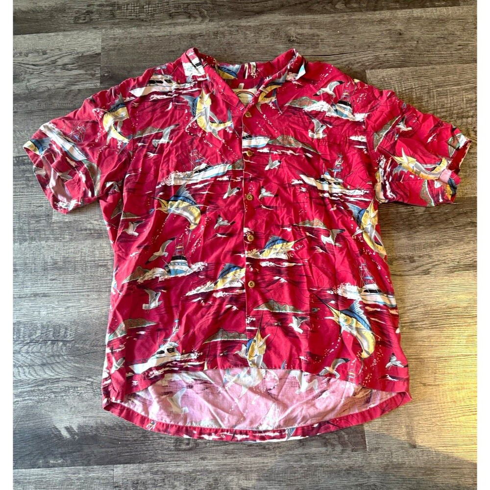 Vintage 80/90s Paradise Found Hawaiian Shirt Men's L Red Marlin Fishing Rayon